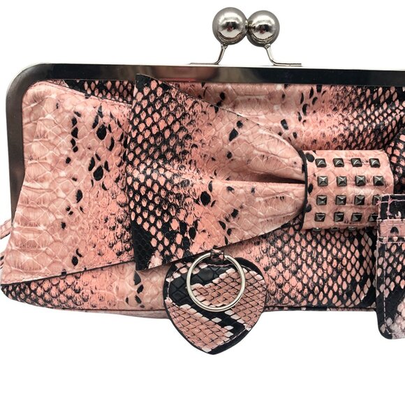 Embossed Snakeskin Faux Leather Clutch Set Pink Card Holder Key Fob Set of 3 - Picture 2 of 13